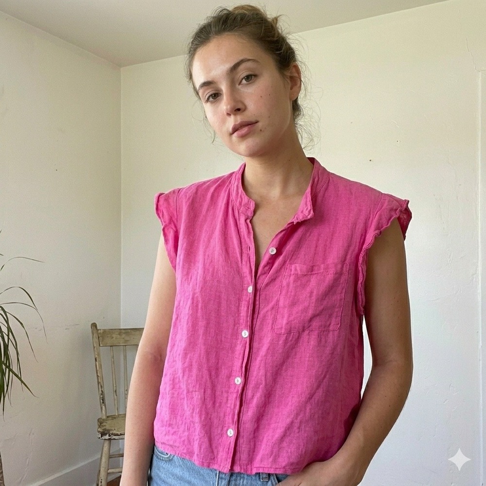 Venti6 Top Womens One Size Pink Ruffle Cap Sleeve Linen Beach Barbiecore Coastal